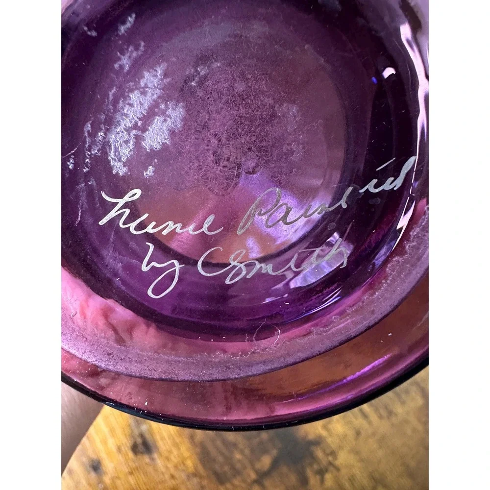Hand Painted Amethyst Purple Glass Vase Signed by C Smith Ruffled Rim Floral